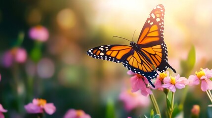 Obraz premium Monarch Butterfly on Pink Flowers - Beauty, nature, serenity, transformation, spring. A monarch butterfly rests on delicate pink flowers, bathed in sunlight.