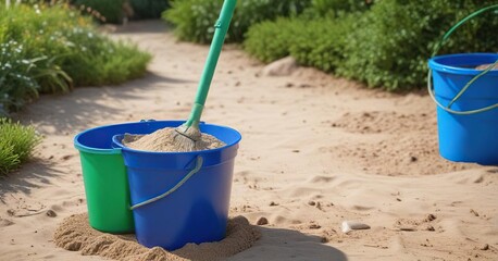Fototapeta premium A blue bucket with a green handle is filled with sand and sits next to a mop in a garden, garden decor, sandbox