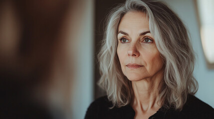 Fototapeta premium A middle-aged woman looking thoughtfully in the mirror, reflecting on aging and self-acceptance during menopause