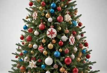 A Christmas tree adorned with snowflakes, bells, and colorful ornaments against a white background, winter wonderland backdrop, sparkling ornaments, snowflake decorations