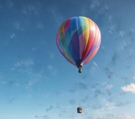 Obraz premium A colorful balloon hovering motionless on top of a bright blue sky with no clouds or other objects around it, colorful balloon hovering, stillness