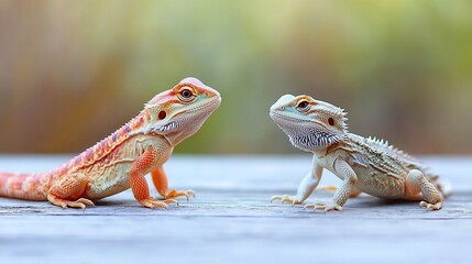 Obraz premium Two baby bearded dragons facing each other on wood.