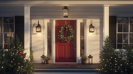 Fototapeta premium Cozy Christmas Home Exterior with Decorated Door and Lights