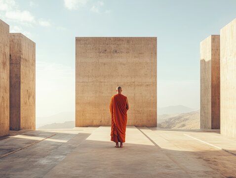 Monk Contemplating Minimalist Concrete Architecture Desert Vista - Powered by Adobe