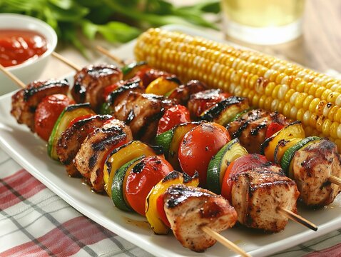 Grilled chicken skewers with vegetables and corn on the cob - Powered by Adobe