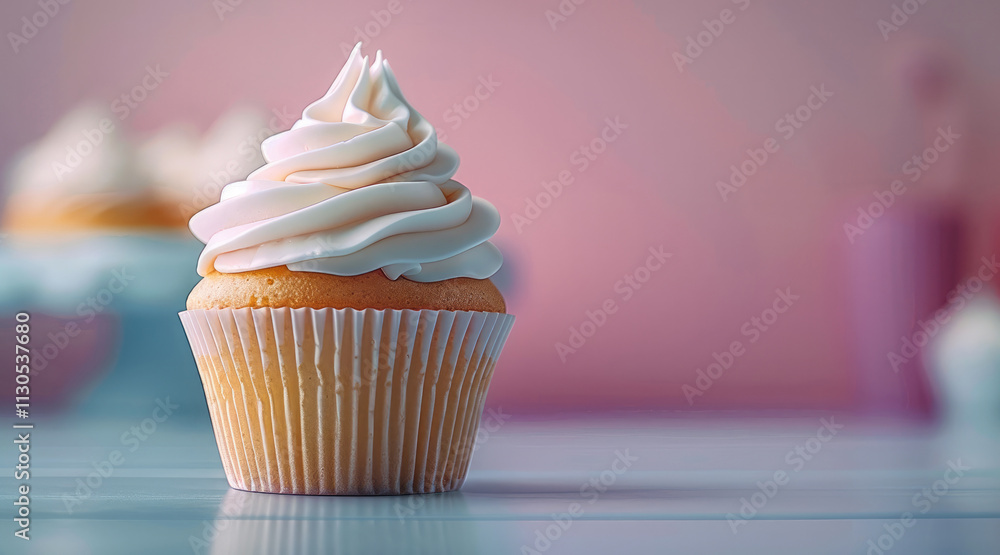 Poster single cupcake with thick, fluffy frosting, placed on smooth gradient background.