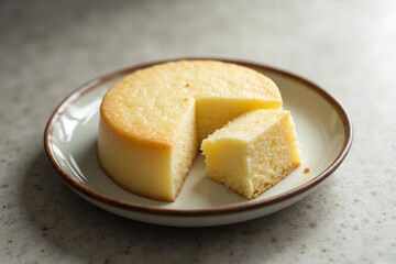 Slice of fluffy cheesecake on a plate with a whole cake in the background