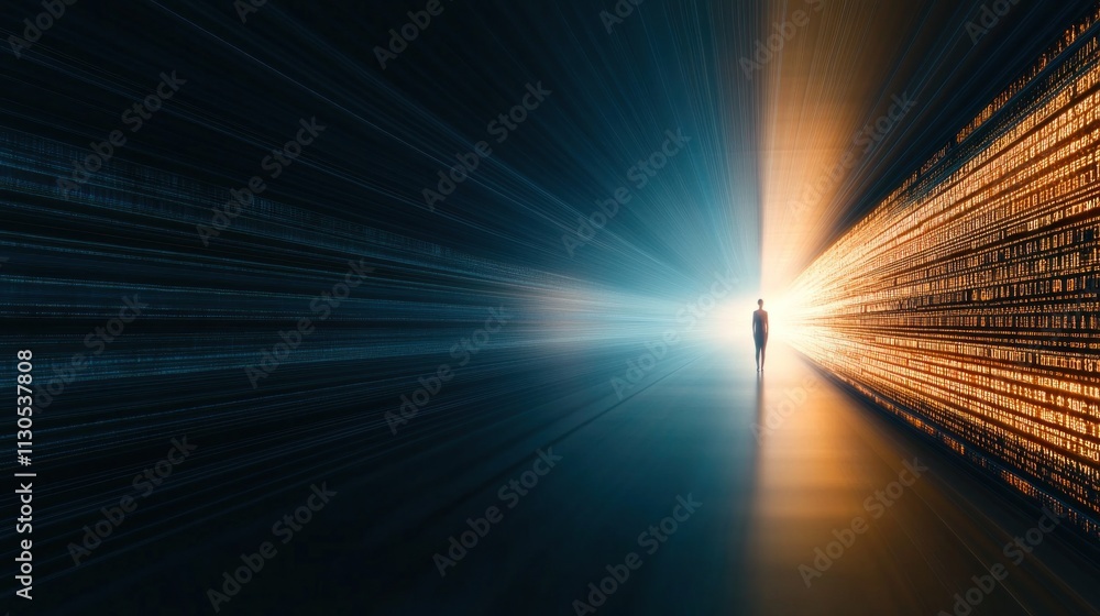 Poster a technological woman stands poised in a luminous corridor, enveloped by dynamic binary data pattern