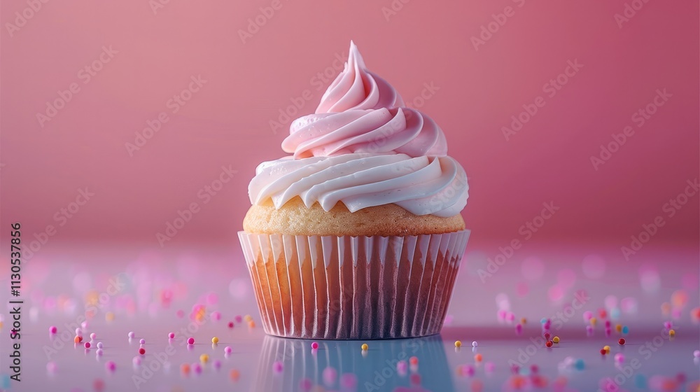 Poster single cupcake with thick, fluffy frosting, placed on smooth gradient background.