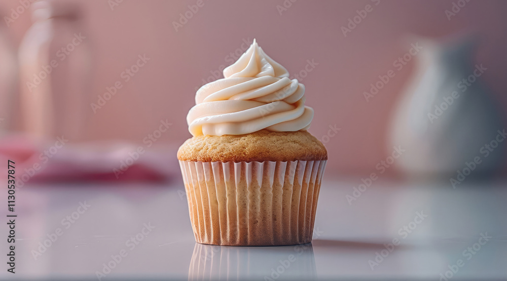 Poster single cupcake with thick, fluffy frosting, placed on smooth gradient background.
