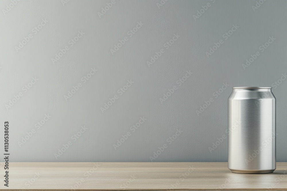 Poster mockup. a shiny, silver drink can sits alone on a wooden surface, illuminated by soft light from a n