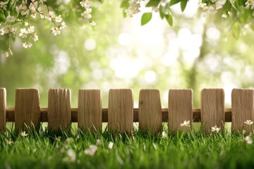 Obraz premium In a serene setting, a lush green grass field is complemented by a quaint wooden fence, surrounded by delicate blossoms from trees above, creating a perfect Easter atmosphere