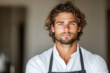 Fototapeta premium A young barista stands proudly in a stylish coffee shop, showcasing skill and passion for the craft. The setting is bright and welcoming, reflecting a vibrant café culture