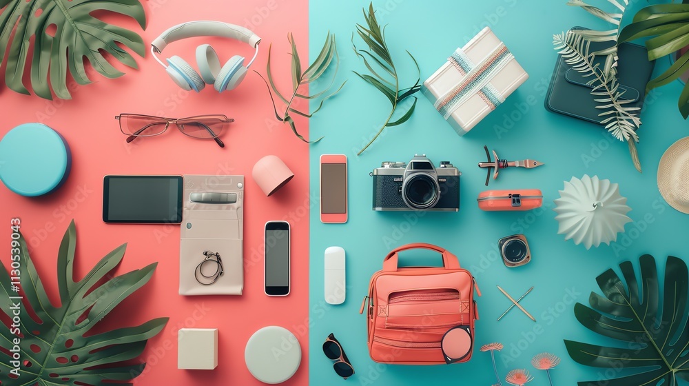 Poster a flat lay of various colorful objects on a pink and blue background.