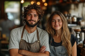 This successful couple stands proudly in their trendy coffee shop, surrounded by a warm atmosphere, showcasing their dedication to quality coffee and customer experience while smiling