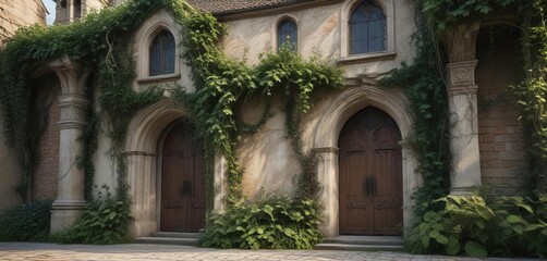 Fototapeta premium Church facade covered in thick, old vines and climbing plants , plants, outdoor