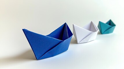 Paper business leadership concept. Three colorful origami boats arranged in a line on a light background.