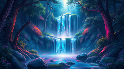 illustration of a waterfall in a magical forest