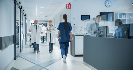 Diverse Male and Female Medical Professionals Navigate a Busy Hospital Corridor and Registration...