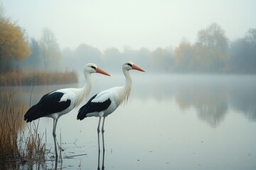 Obraz premium Two elegant cranes are poised near the serene shoreline of a pond surrounded by reeds. The soft morning mist envelops the landscape, creating a tranquil atmosphere