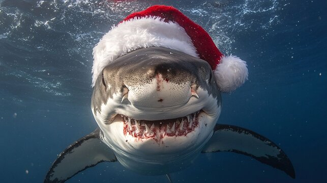 sea shark wearing a santas hat in the sea, chrismas theme, animal christmas wallpaper