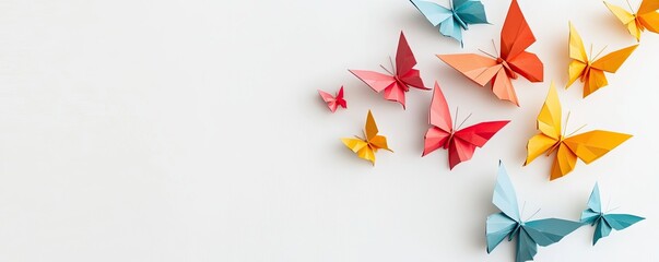 Colorful origami butterflies arranged artfully on a light background.