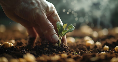 Fototapeta premium Hands planting a seeds. Sustainable farming. symbolizing growth and nurturing in agriculture. close-up shot.