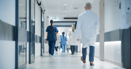 Hospital Hallway with Doctors, Nurses and Specialists in Hospital. Female and Male Physicians,...