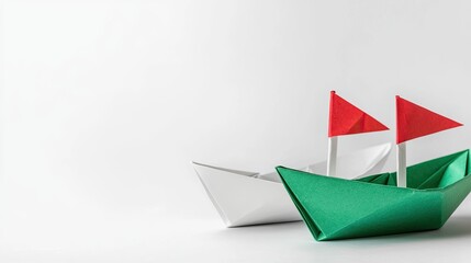 Paper business leadership concept. Two origami boats, one green with red sails and one white, against a minimalist background.
