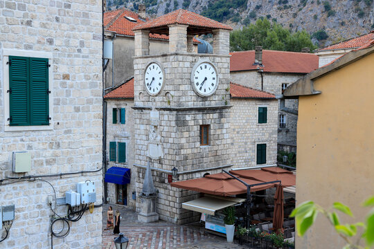 Historic Clock Tower in Kotor Old Town, Montenegro &ndash; Travel Landmark Architecture