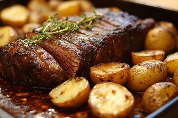 Roasted Beef Slices with Roasted Potatoes and Thyme