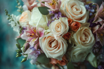 Fototapeta premium Elegant bouquet of roses and lilies in soft pastel shades