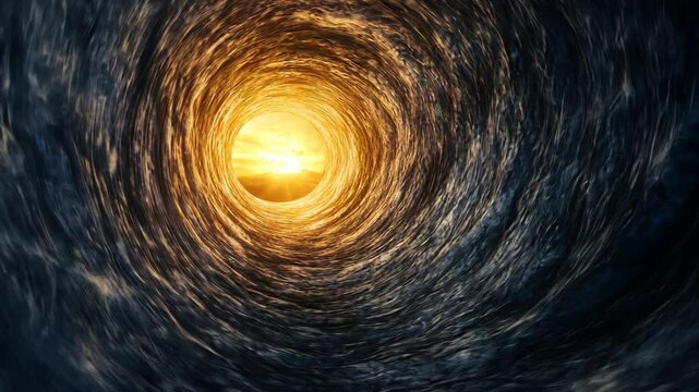 Camera entering swirling vortex with light at end