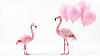 Obraz premium pink flamingo with balloons on white background, birthday greeting concept