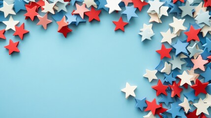 Labor Day concept with red, white, and blue star-shaped decorations on a pastel blue background