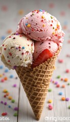 Delicious Triple Scoop Ice Cream Cone with Rainbow Sprinkles on a Rustic Wooden Background
