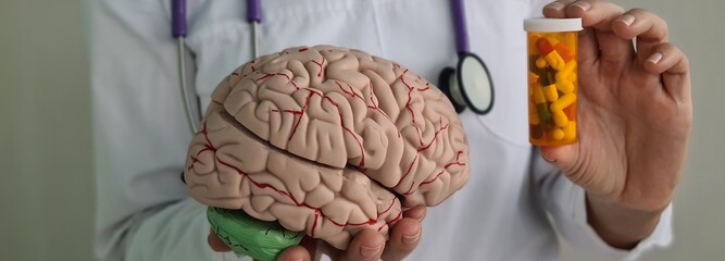 Neurologist doctor shows convolutions of brain on anatomical model of human organ and holds pills
