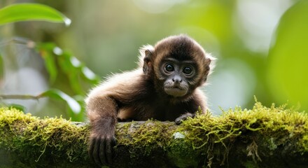 Obraz premium Curious young monkey in vibrant rainforest habitat for nature conservation concept