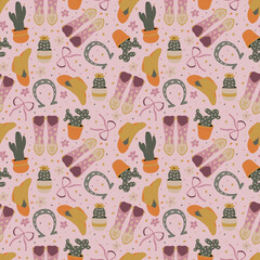 Cowgirl seamless pattern. Western-themed print.  Background with boots, hats, cacti, horseshoes, ribbons and daisies. Perfect for wallpaper, fabric, wrapping, packaging, stationery, crafts, room decor