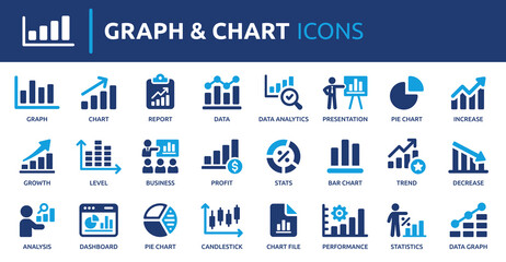 Graph and Chart icon set. Containing data, increase, growth, pie chart, data analytics, business, report and more. Solid vector icons collection.