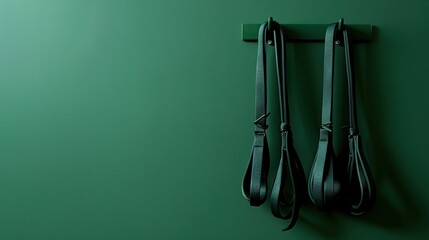 A set of resistance bands hanging neatly on a solid green background.
