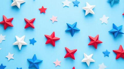 Labor Day concept with red, white, and blue star-shaped decorations on a pastel blue background