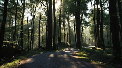 Obraz premium A forest path winding through trees with sunlight filtering down, canopy, sunlight, greenery