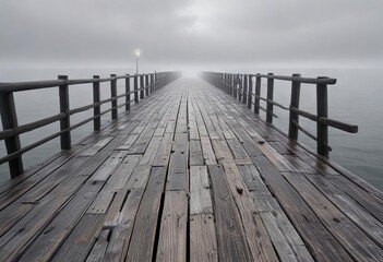 Fototapeta premium A long, weathered pier stretches out into the foggy distance, its wooden slats worn smooth by years of exposure to the elements , dark clouds, serene landscape, ocean view