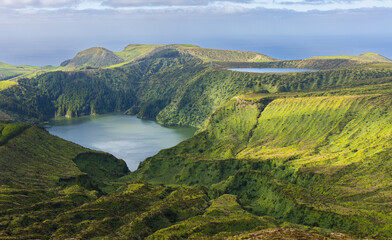 The crater lakes Lagoa Rasa and Lagoa Funda on the isles of Flores, Azores Portugal