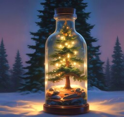 Illustration of Christmas tree inside transparent bottle with decoration.
