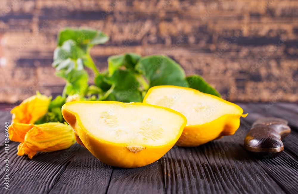 Sticker Yellow patisson, pattypan scallop squash vegetable on wooden table