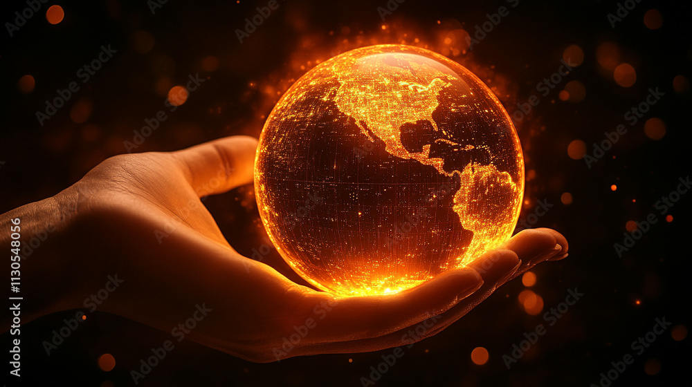 Poster ai generate hand interacting with glowing digital globe in a futuristic environment inspiring global