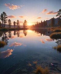 Fototapeta premium A serene lake scene with a clear blue sky and thin wispy clouds at sunset reflected on its surface, serenity, white clouds