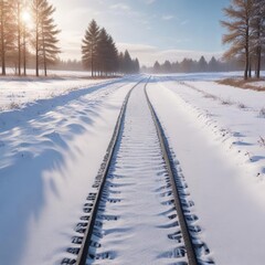 Obraz premium A serene snow-covered field with trees and bushes visible in the distance is lined with tire tracks, trees, bushes